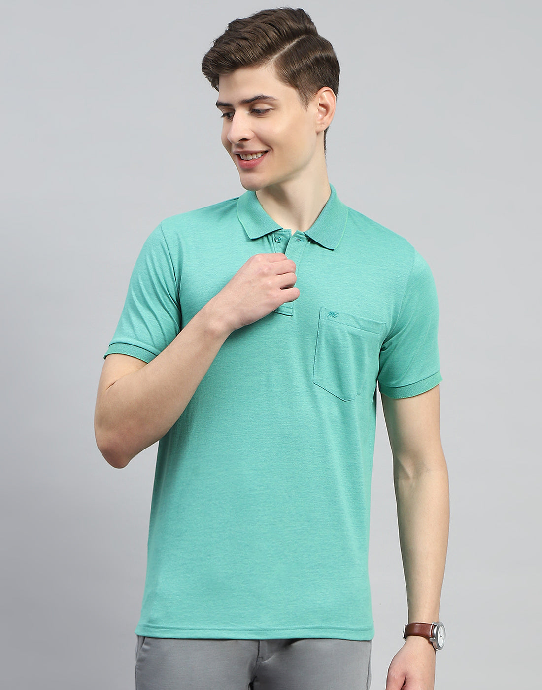 Men Turquoise Blue Solid Polo Collar Half Sleeve T-Shirt