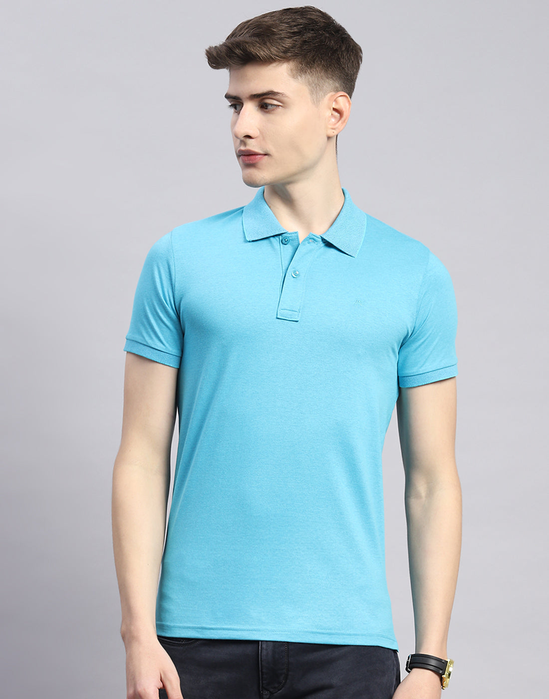 Men Blue Solid Polo Collar Half Sleeve T-Shirt