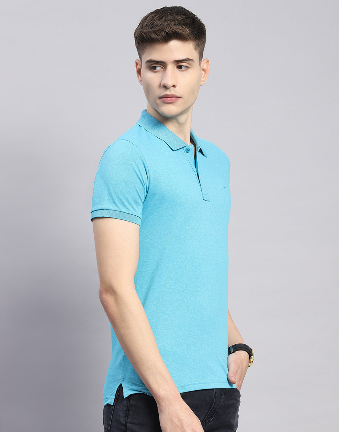 Men Blue Solid Polo Collar Half Sleeve T-Shirt