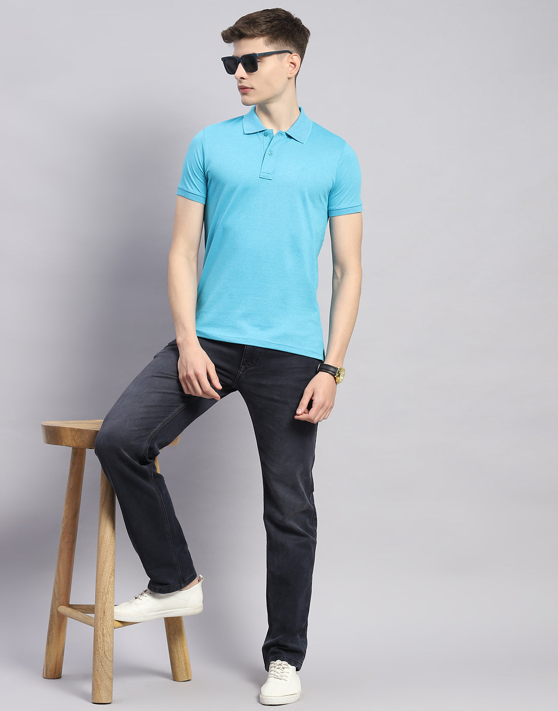 Men Blue Solid Polo Collar Half Sleeve T-Shirt