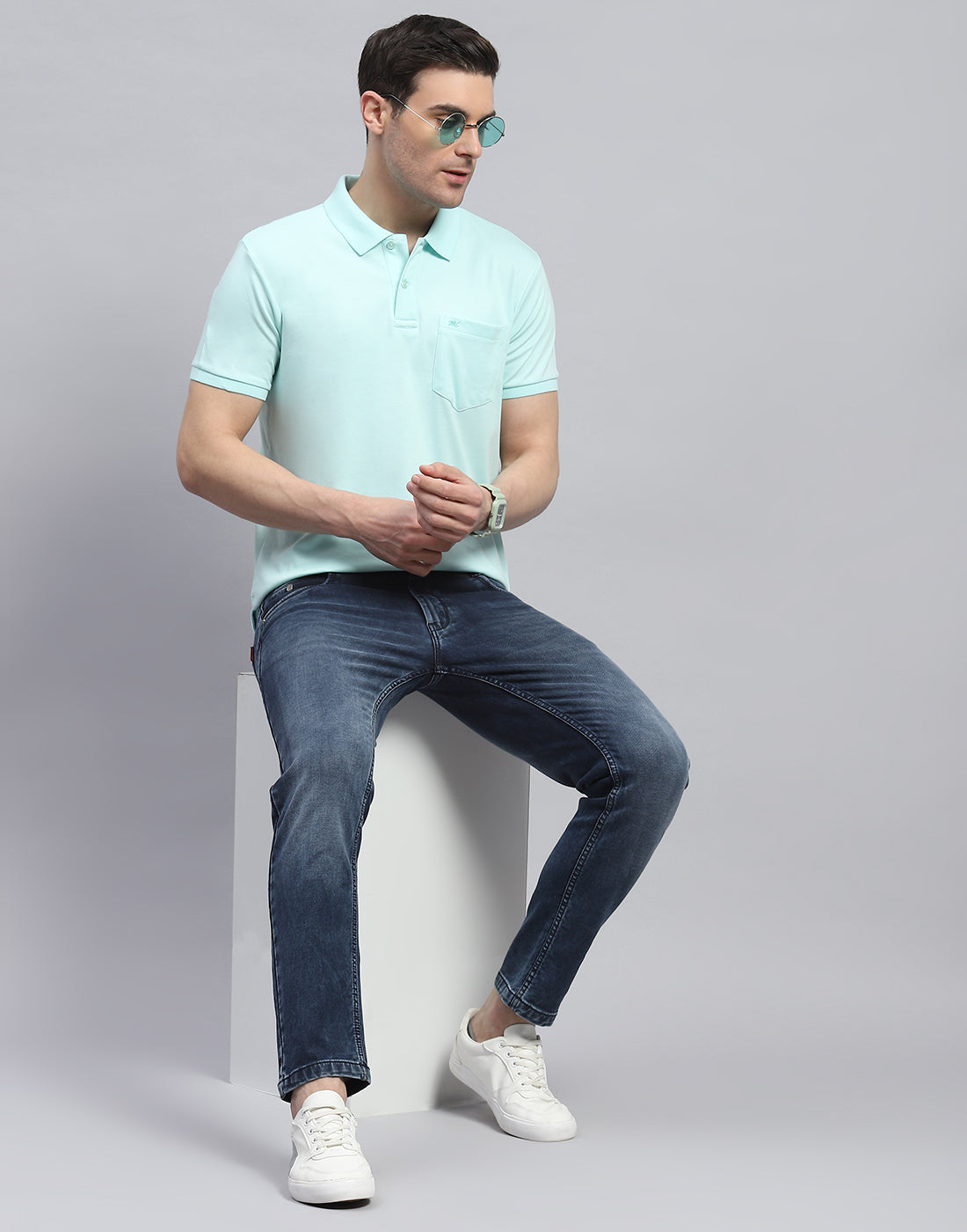 Men Blue Solid Polo Collar Half Sleeve T-Shirt