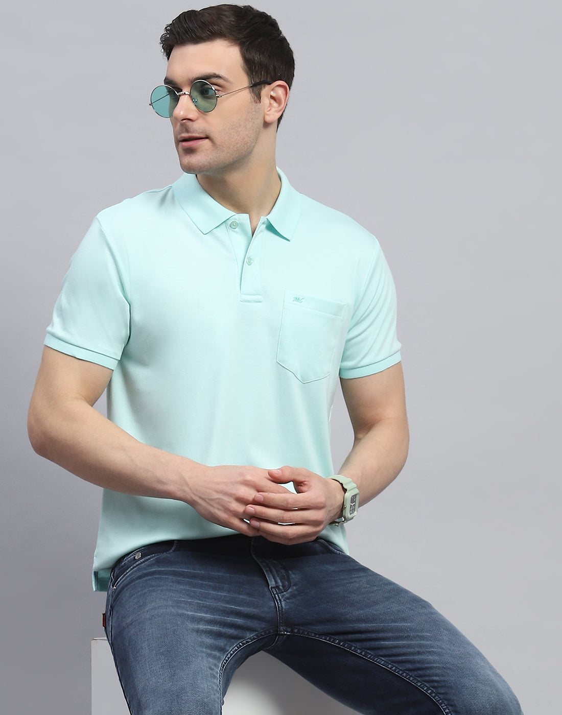 Men Blue Solid Polo Collar Half Sleeve T-Shirt