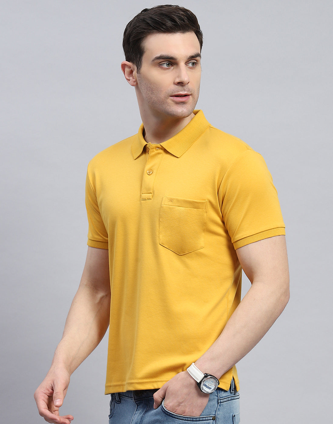 Men Yellow Solid Polo Collar Half Sleeve T-Shirt