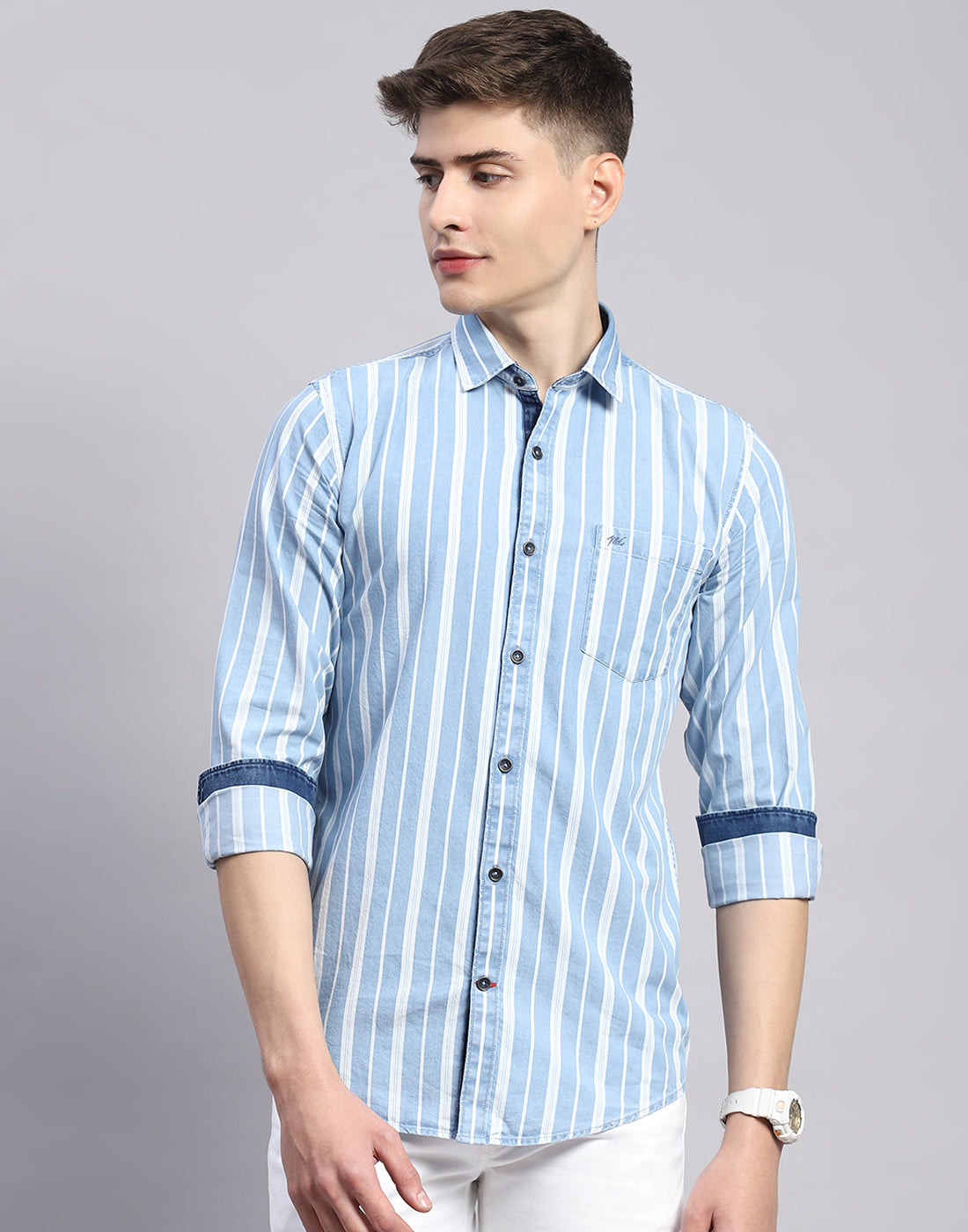 Men Blue Stripe Collar Full Sleeve Shirt