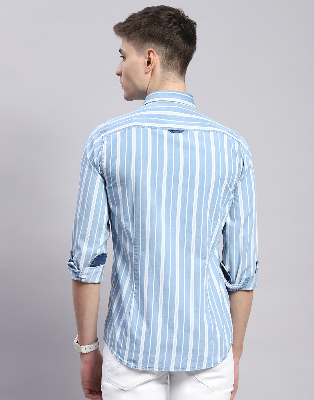 Men Blue Stripe Collar Full Sleeve Shirt