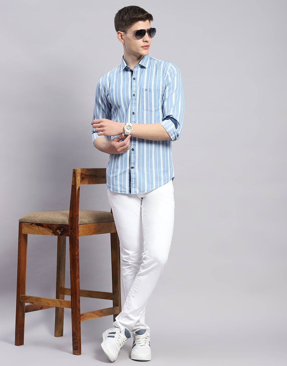 Men Blue Stripe Collar Full Sleeve Shirt