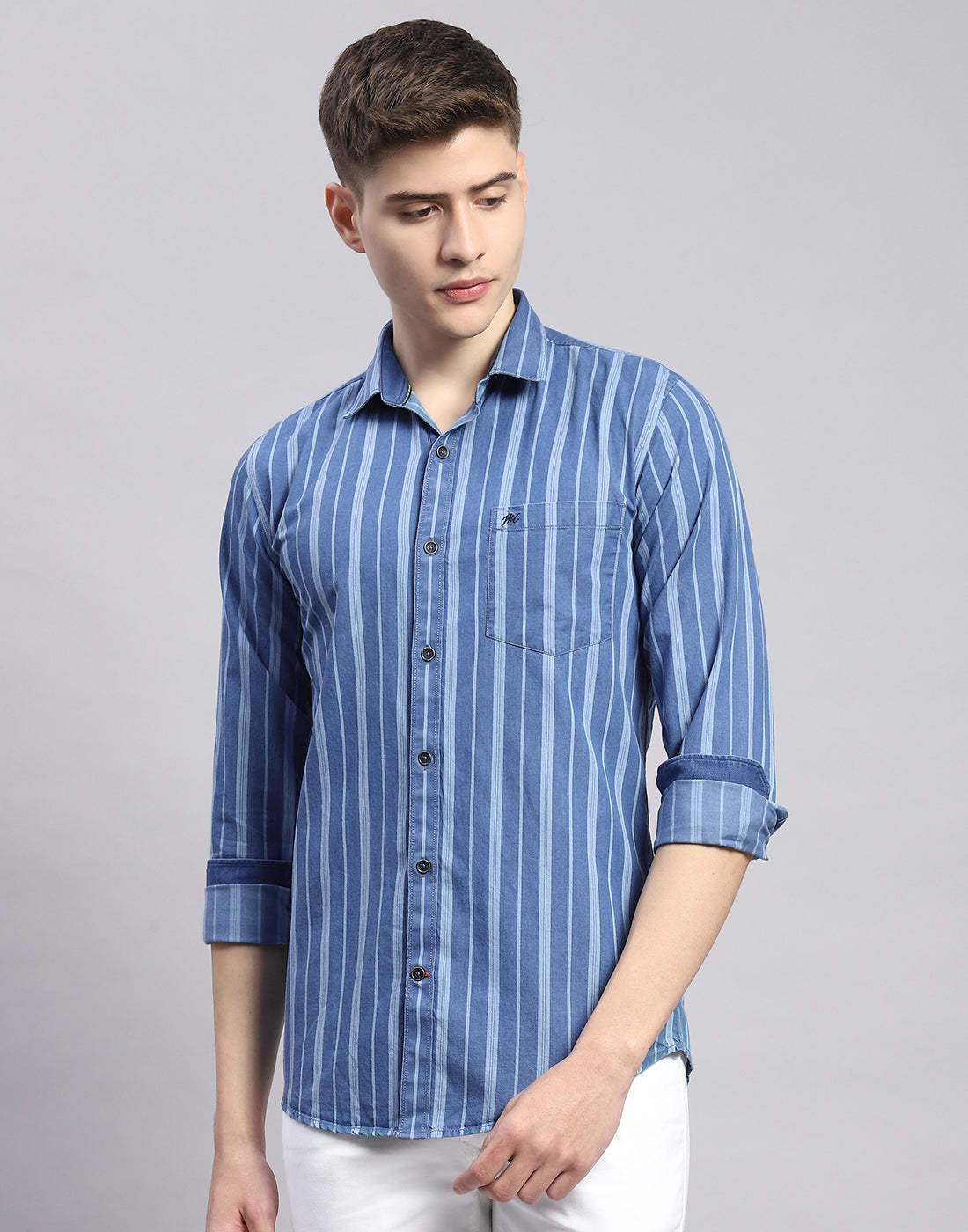 Men Blue Stripe Collar Full Sleeve Shirt