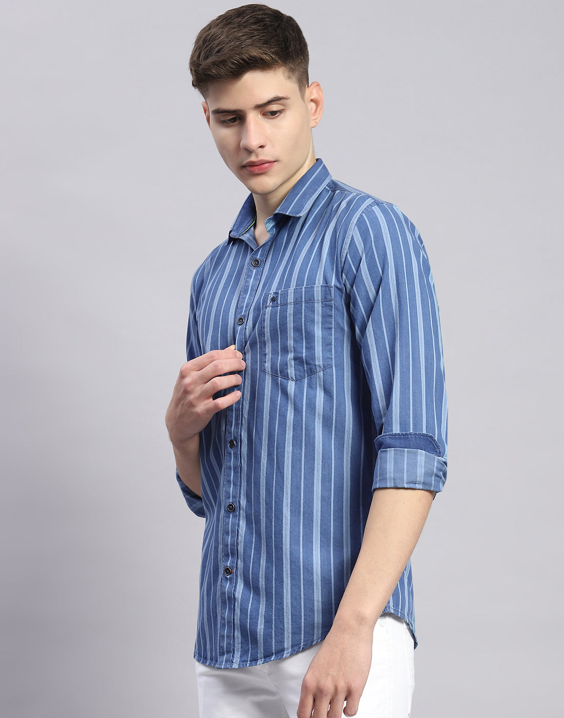 Men Blue Stripe Collar Full Sleeve Shirt