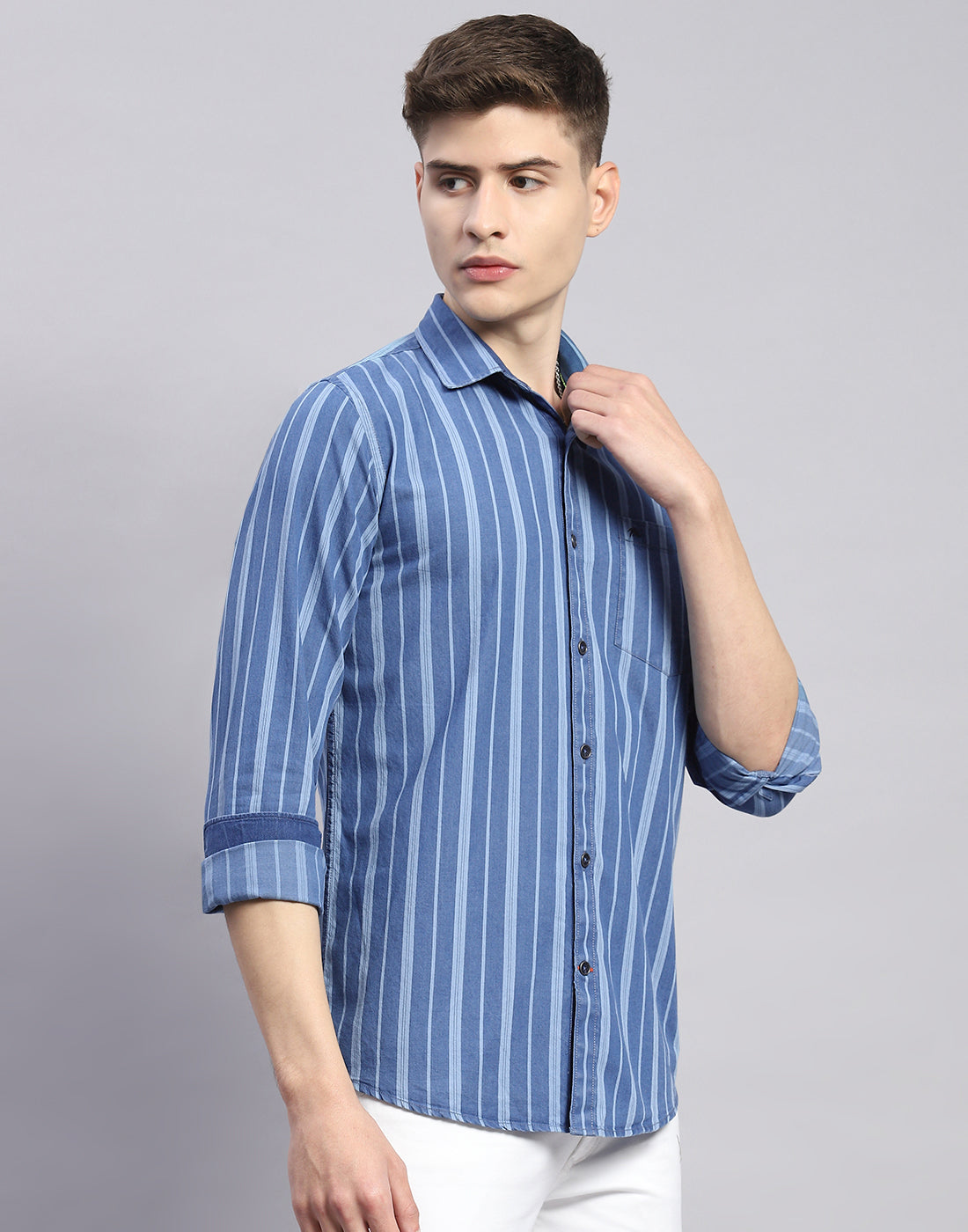 Men Blue Stripe Collar Full Sleeve Shirt