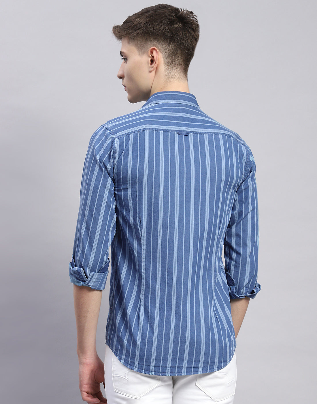 Men Blue Stripe Collar Full Sleeve Shirt