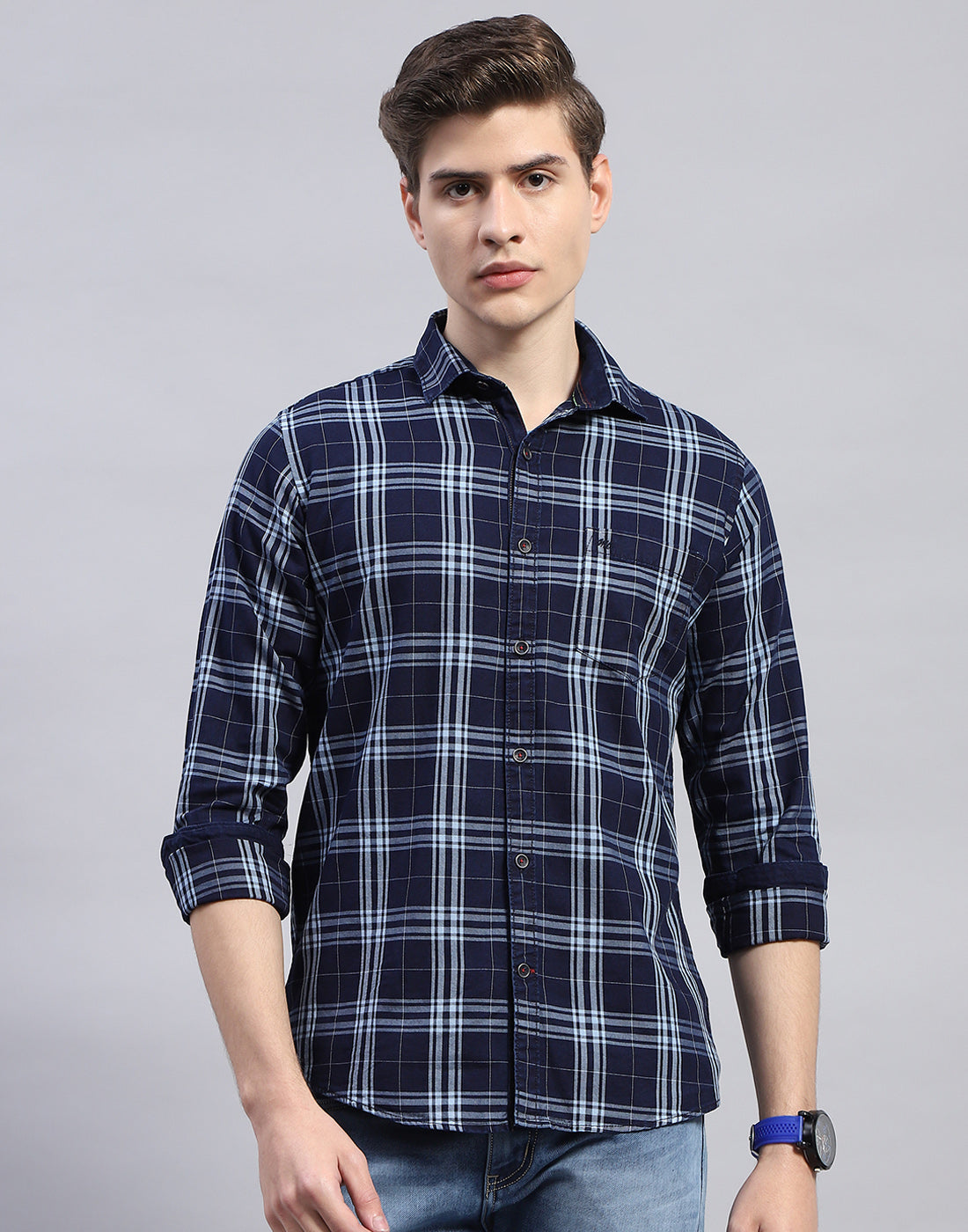 Men Navy Blue Check Collar Full Sleeve Shirt