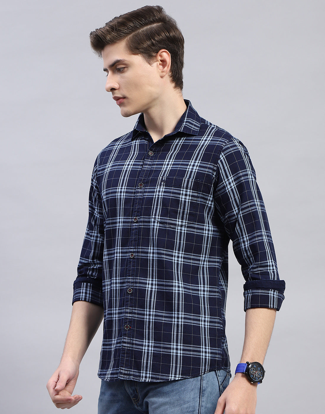 Men Navy Blue Check Collar Full Sleeve Shirt