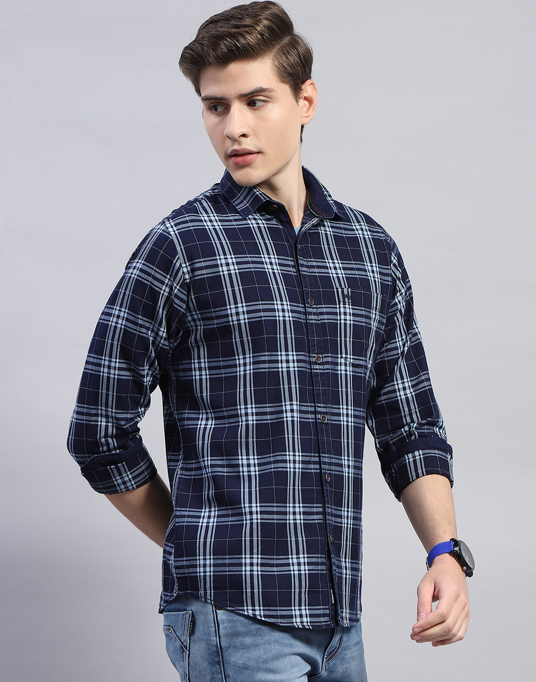 Men Navy Blue Check Collar Full Sleeve Shirt