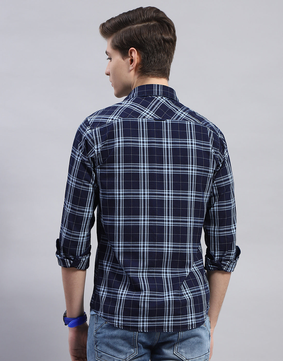 Men Navy Blue Check Collar Full Sleeve Shirt
