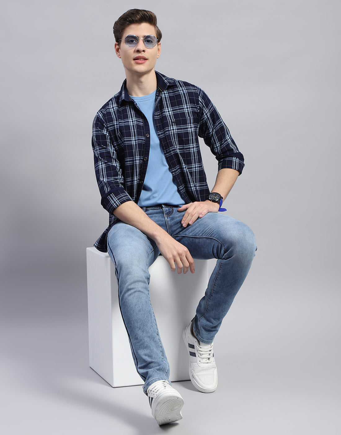 Men Navy Blue Check Collar Full Sleeve Shirt