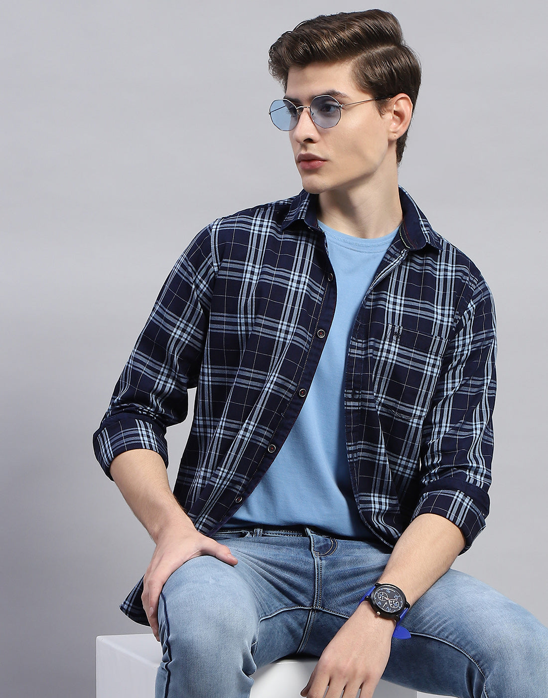 Men Navy Blue Check Collar Full Sleeve Shirt