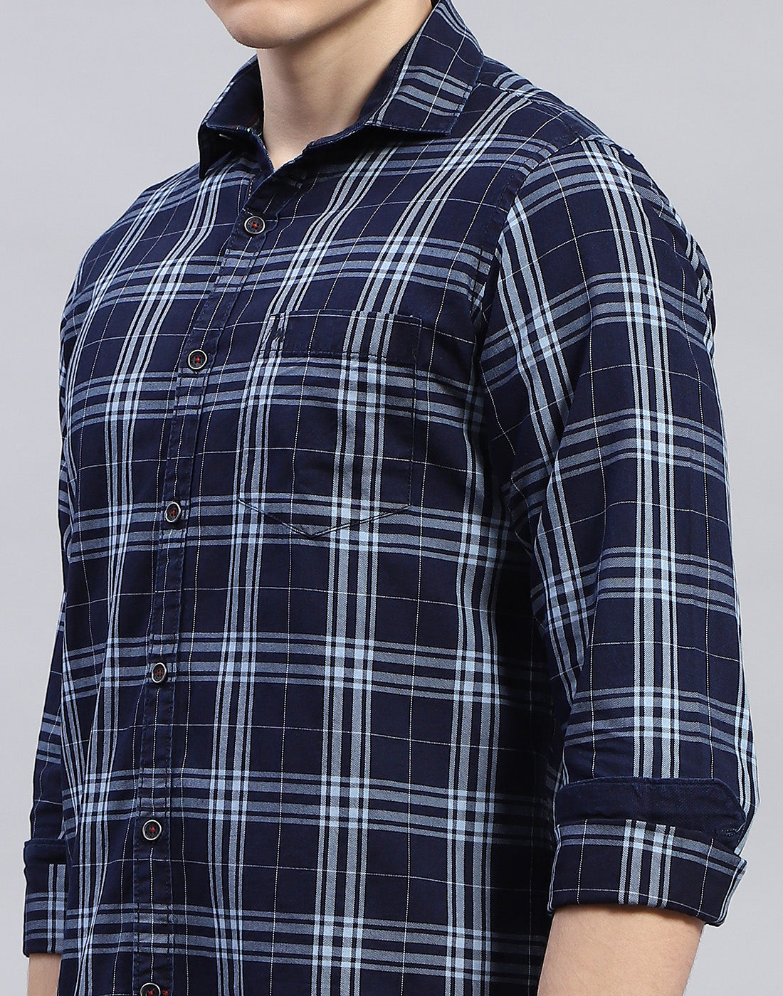 Men Navy Blue Check Collar Full Sleeve Shirt