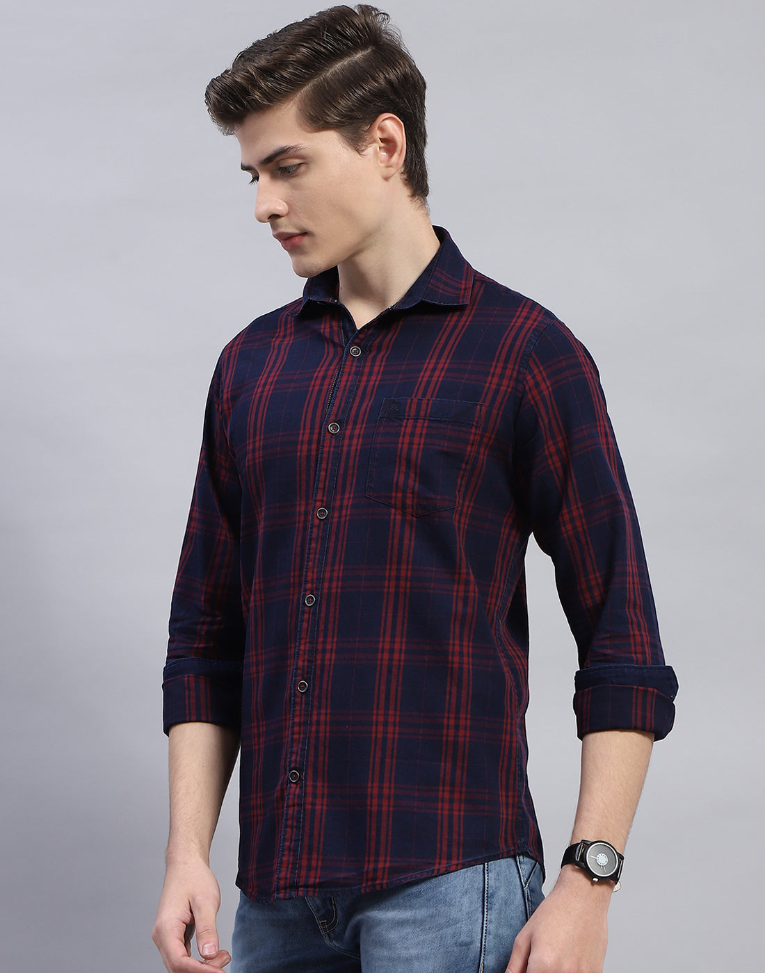 Men Maroon Check Collar Full Sleeve Shirt
