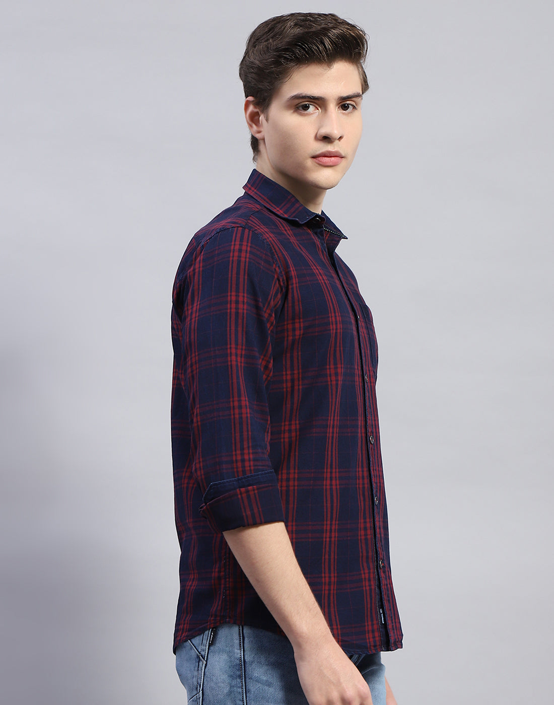 Men Maroon Check Collar Full Sleeve Shirt