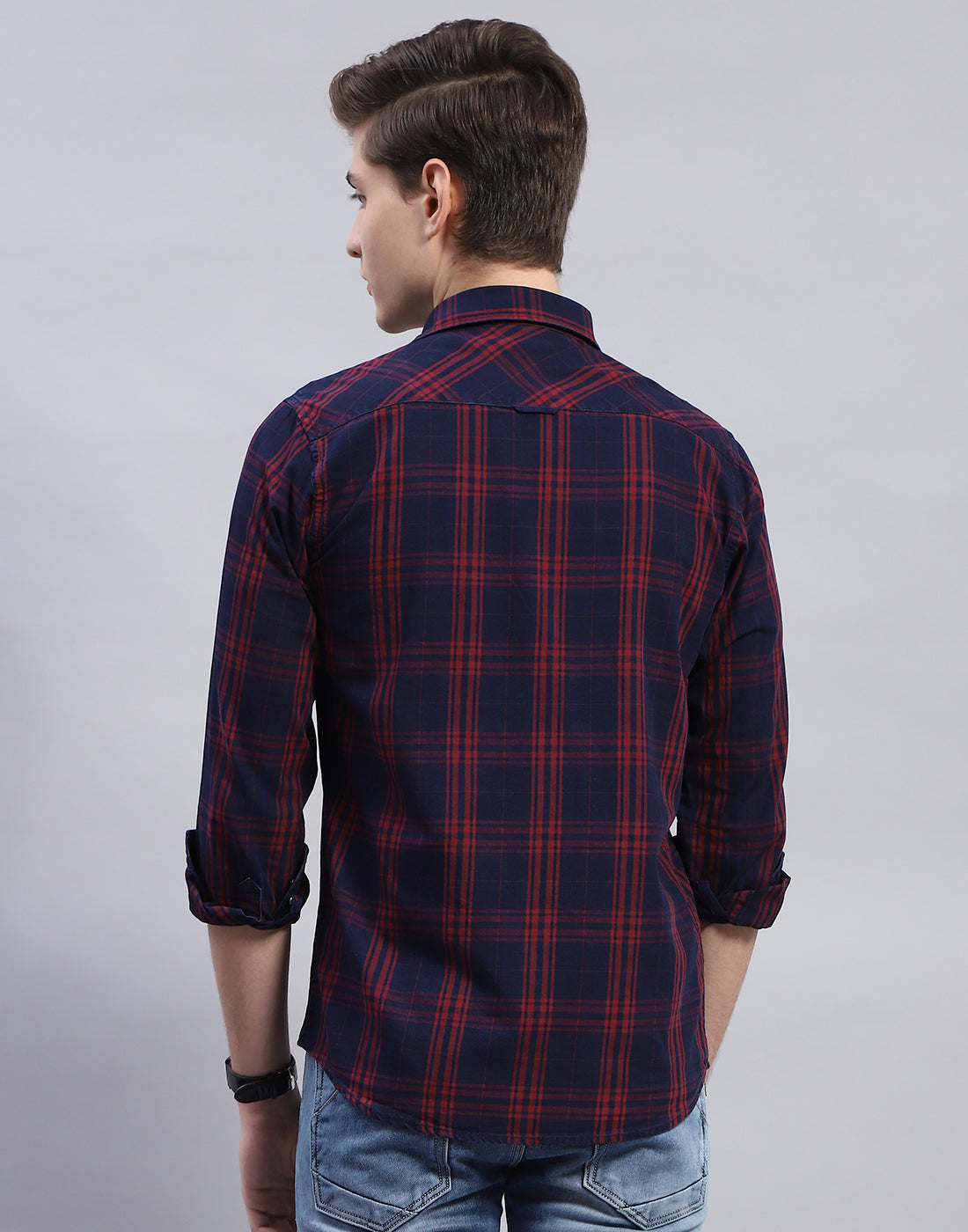 Men Maroon Check Collar Full Sleeve Shirt