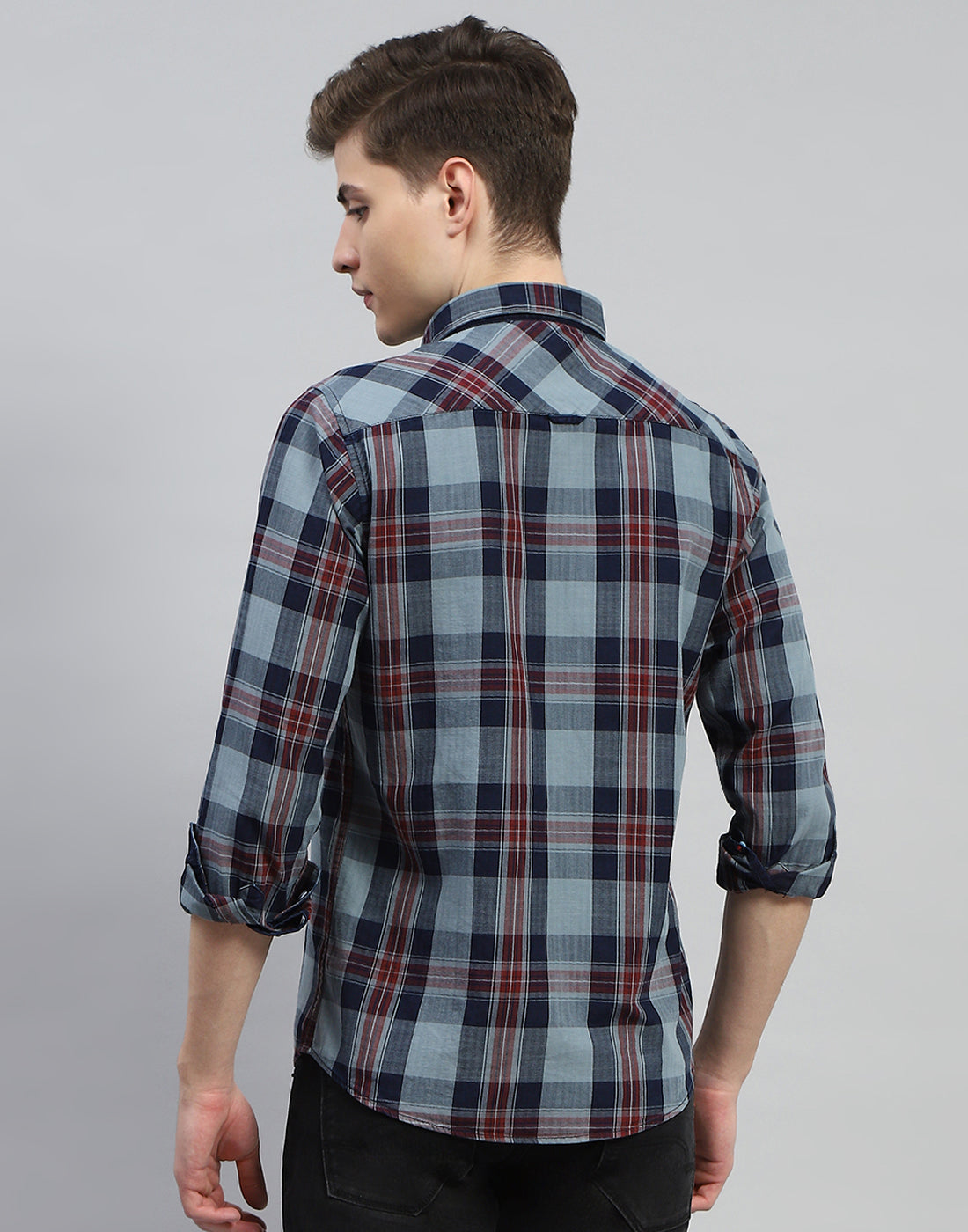 Men Grey Check Collar Full Sleeve Shirt