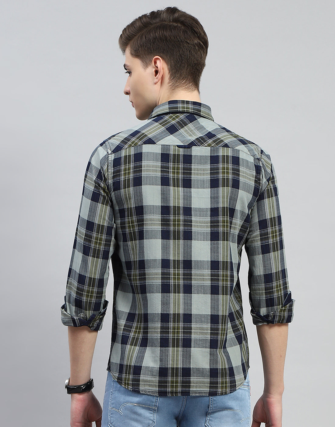 Men Olive Check Collar Full Sleeve Shirt