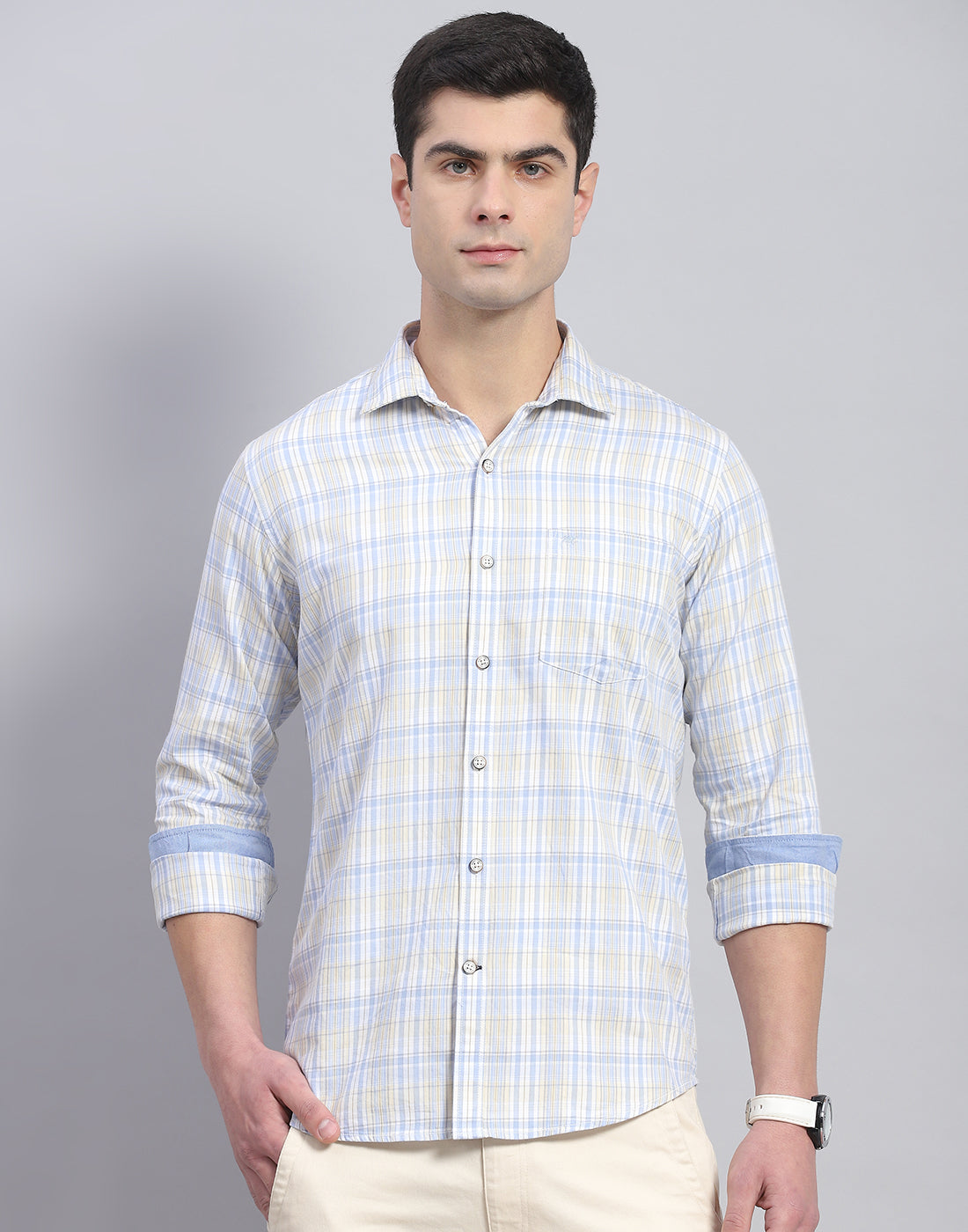 Men Blue Check Collar Full Sleeve Shirt