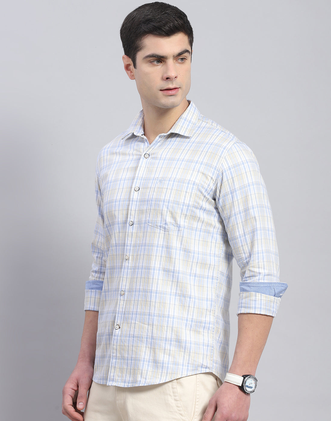 Men Blue Check Collar Full Sleeve Shirt