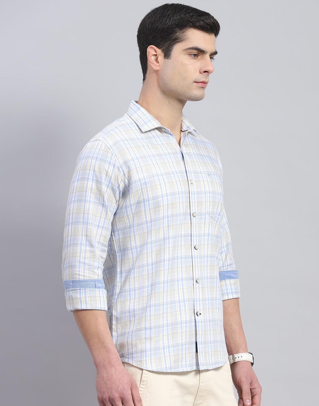 Men Blue Check Collar Full Sleeve Shirt