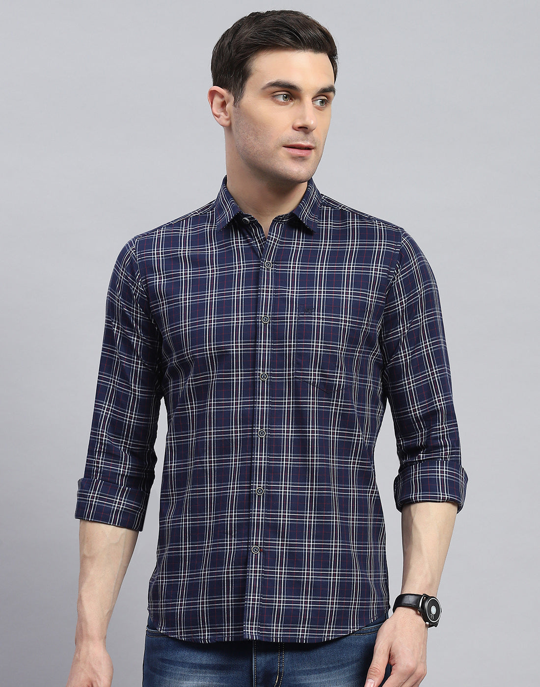 Men Navy Blue Check Spread Collar Full Sleeve Shirt