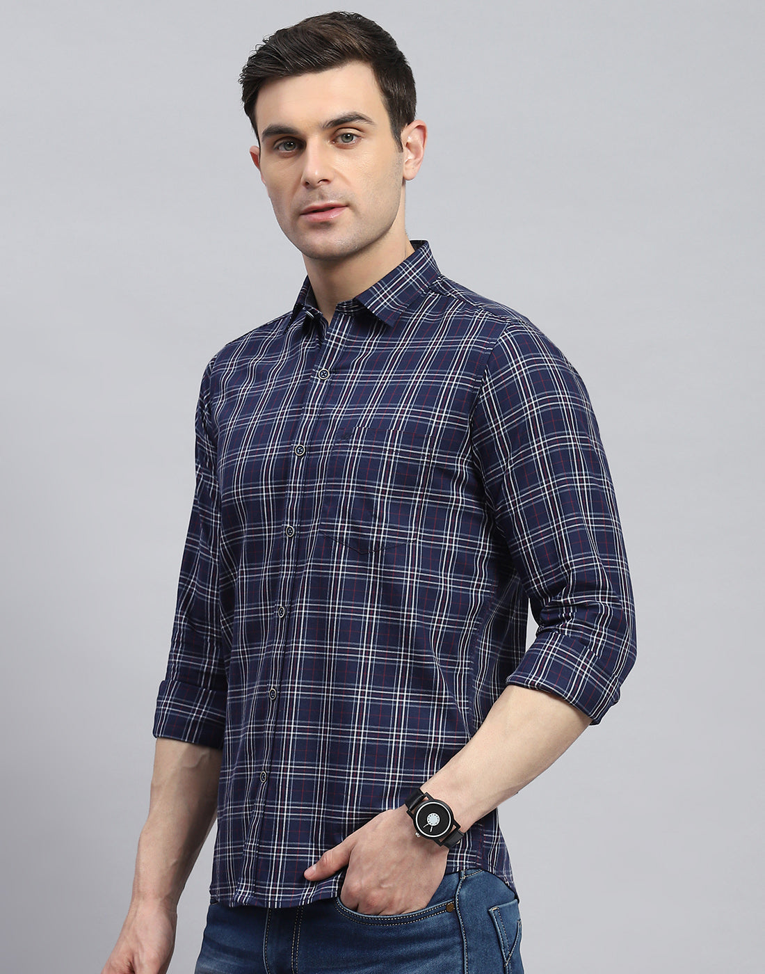 Men Navy Blue Check Spread Collar Full Sleeve Shirt
