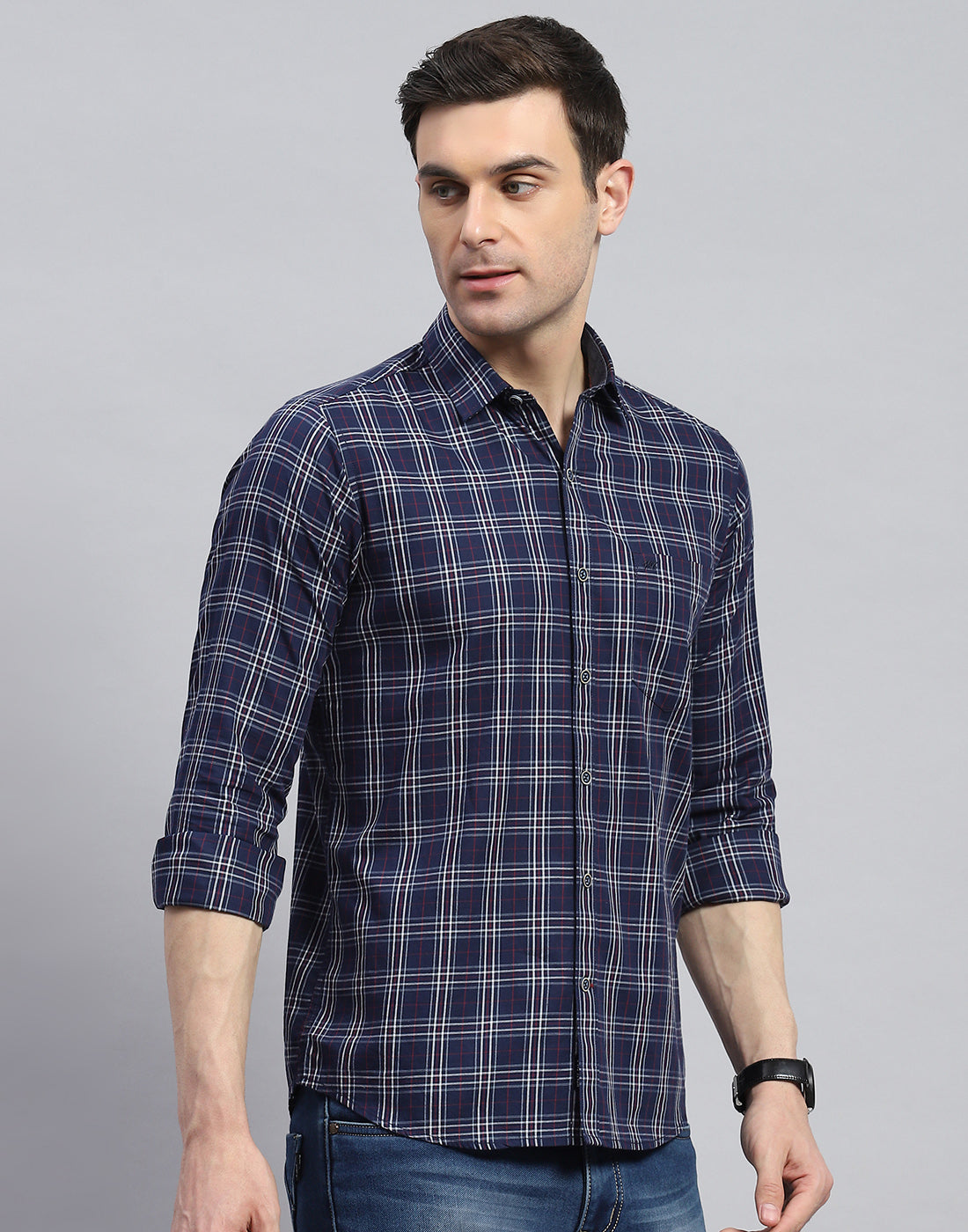 Men Navy Blue Check Spread Collar Full Sleeve Shirt