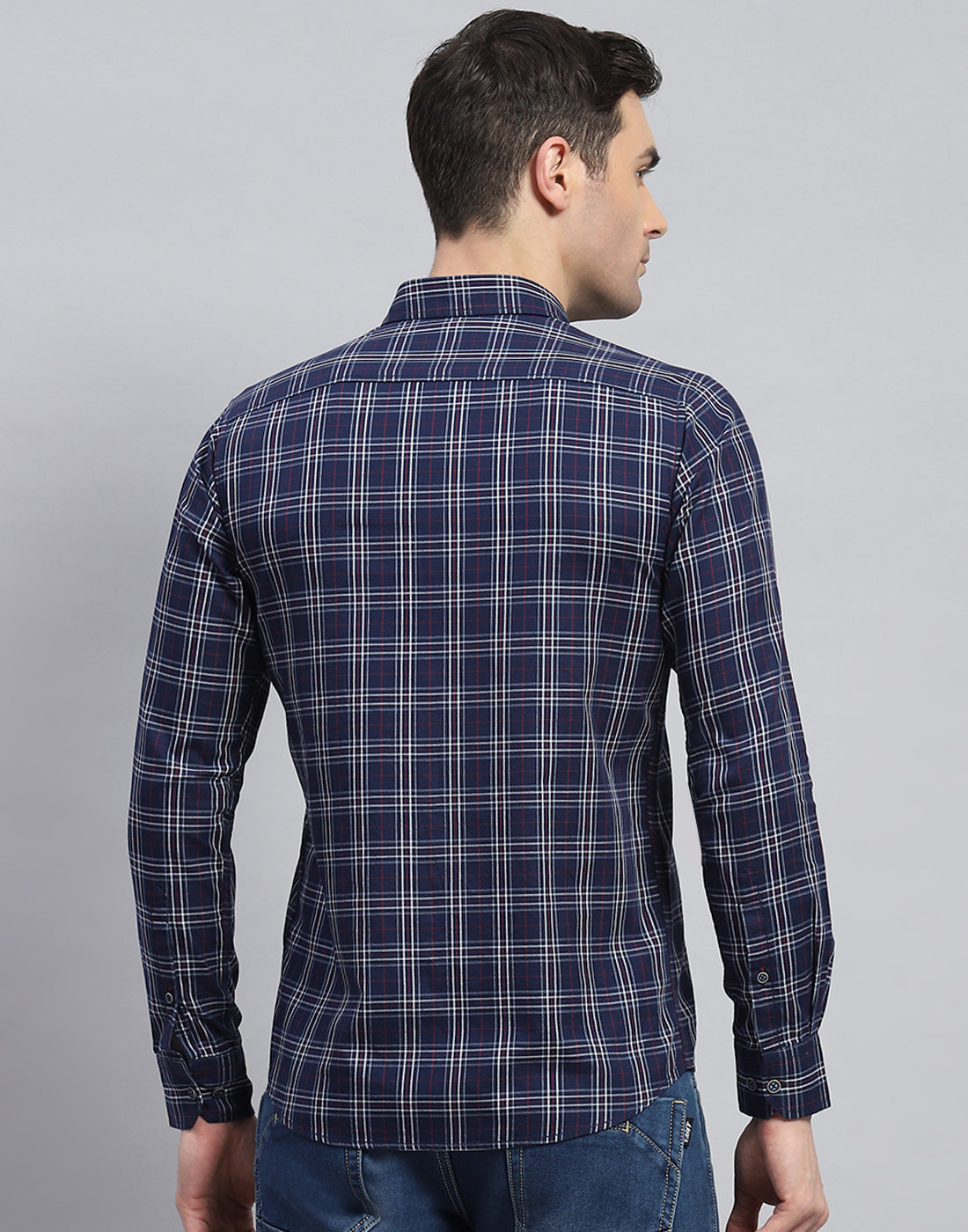 Men Navy Blue Check Spread Collar Full Sleeve Shirt