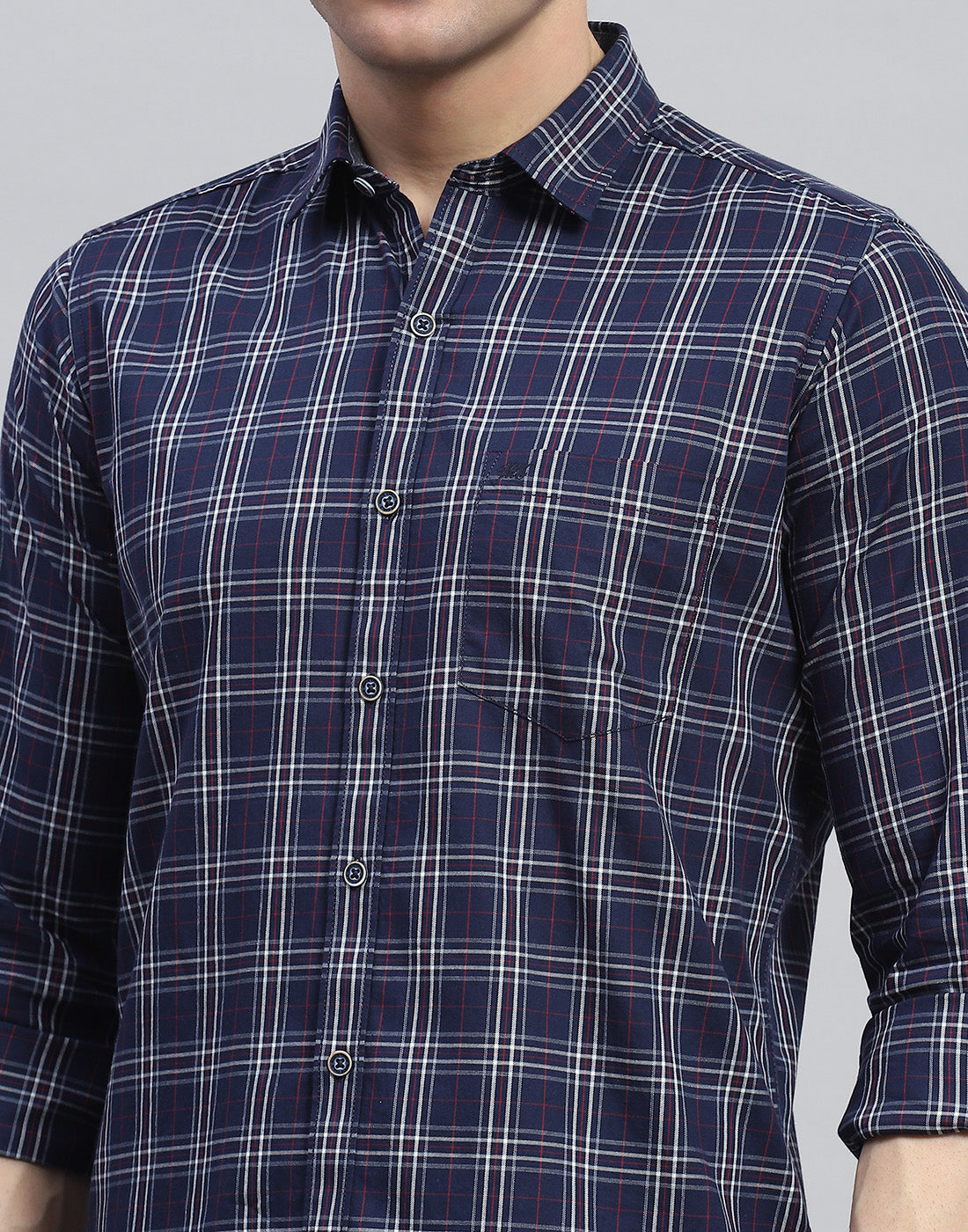 Men Navy Blue Check Spread Collar Full Sleeve Shirt