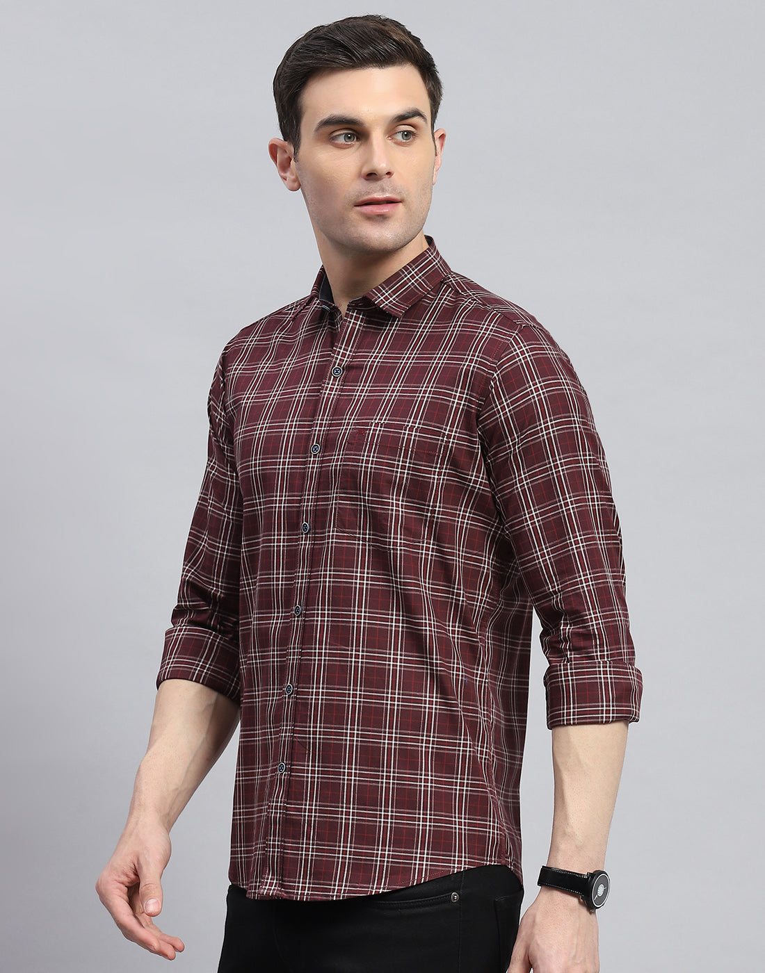 Men Maroon Check Spread Collar Full Sleeve Shirt