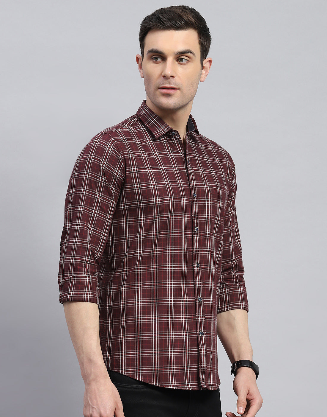 Men Maroon Check Spread Collar Full Sleeve Shirt