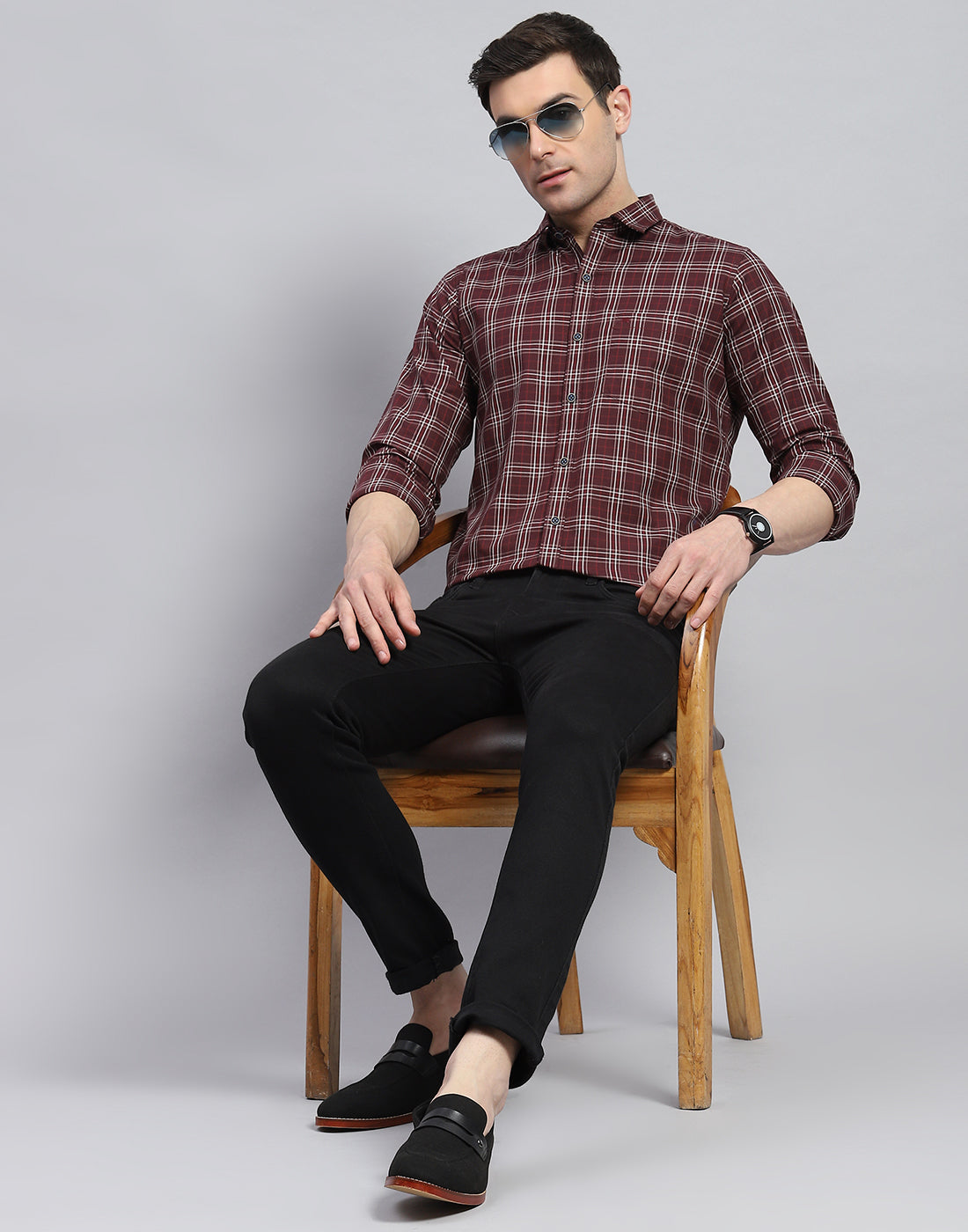 Men Maroon Check Spread Collar Full Sleeve Shirt