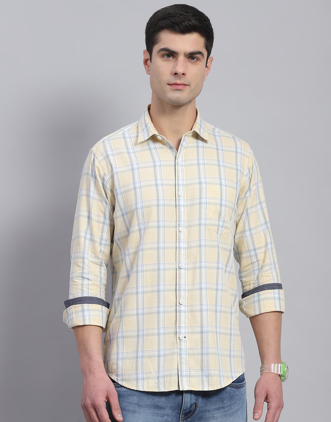 Men Beige Check Collar Full Sleeve Shirt