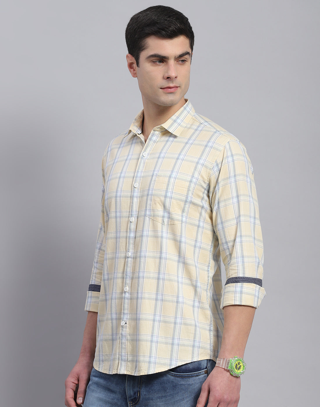 Men Beige Check Collar Full Sleeve Shirt