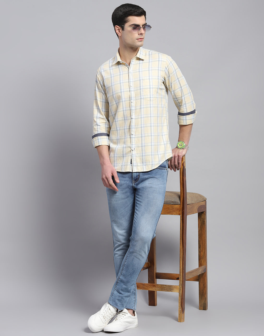 Men Beige Check Collar Full Sleeve Shirt