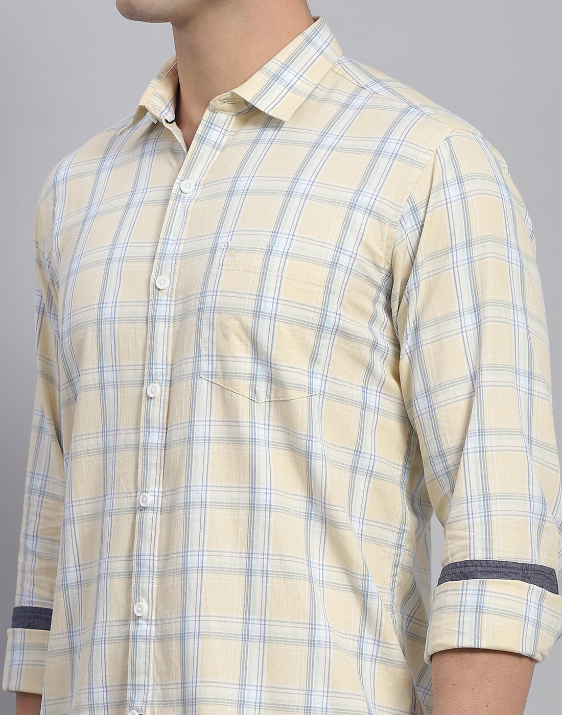 Men Beige Check Collar Full Sleeve Shirt