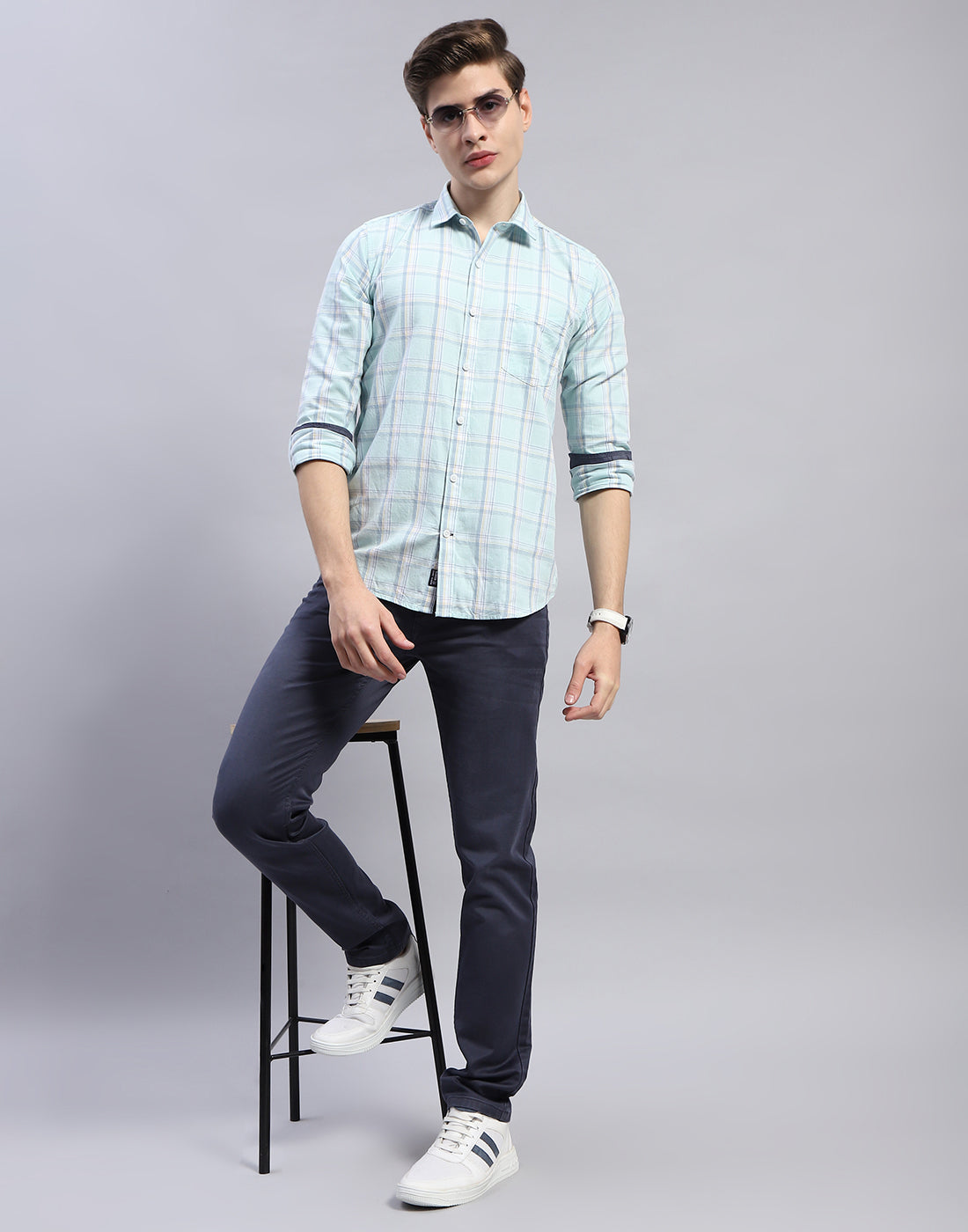 Men Blue Check Collar Full Sleeve Shirt