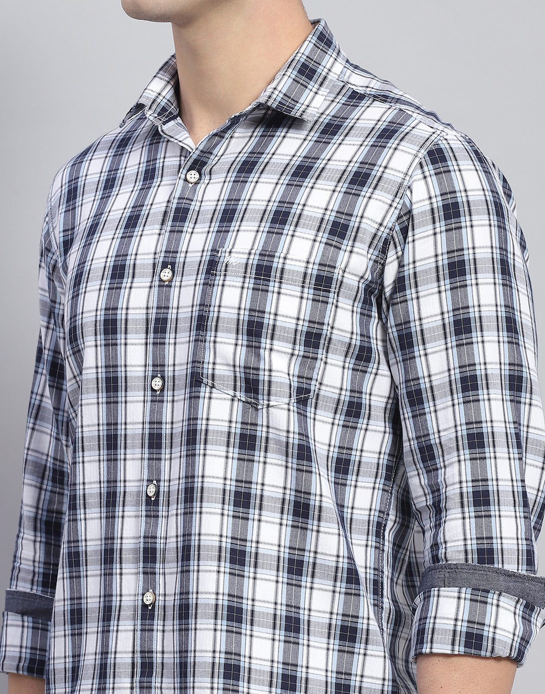 Men Blue Check Collar Full Sleeve Shirt
