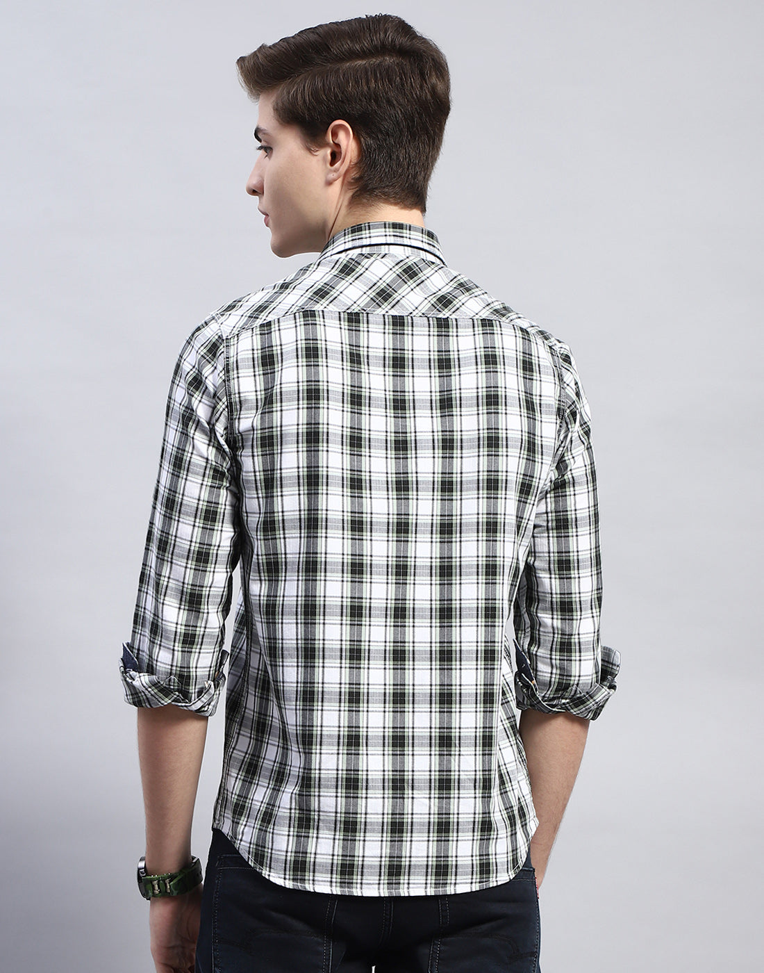 Men White Check Collar Full Sleeve Shirt