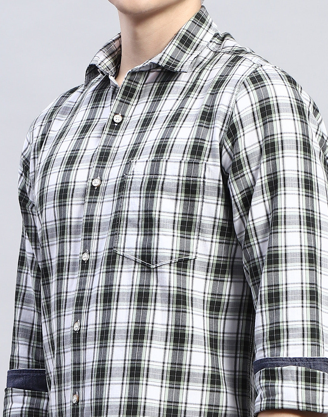 Men White Check Collar Full Sleeve Shirt