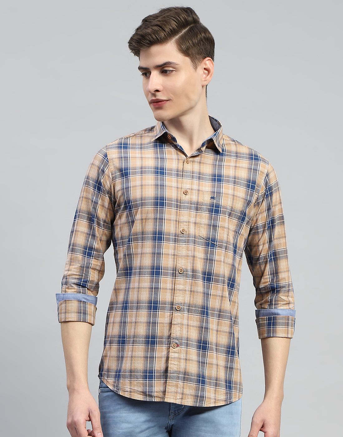 Men Brown Check Collar Full Sleeve Shirt