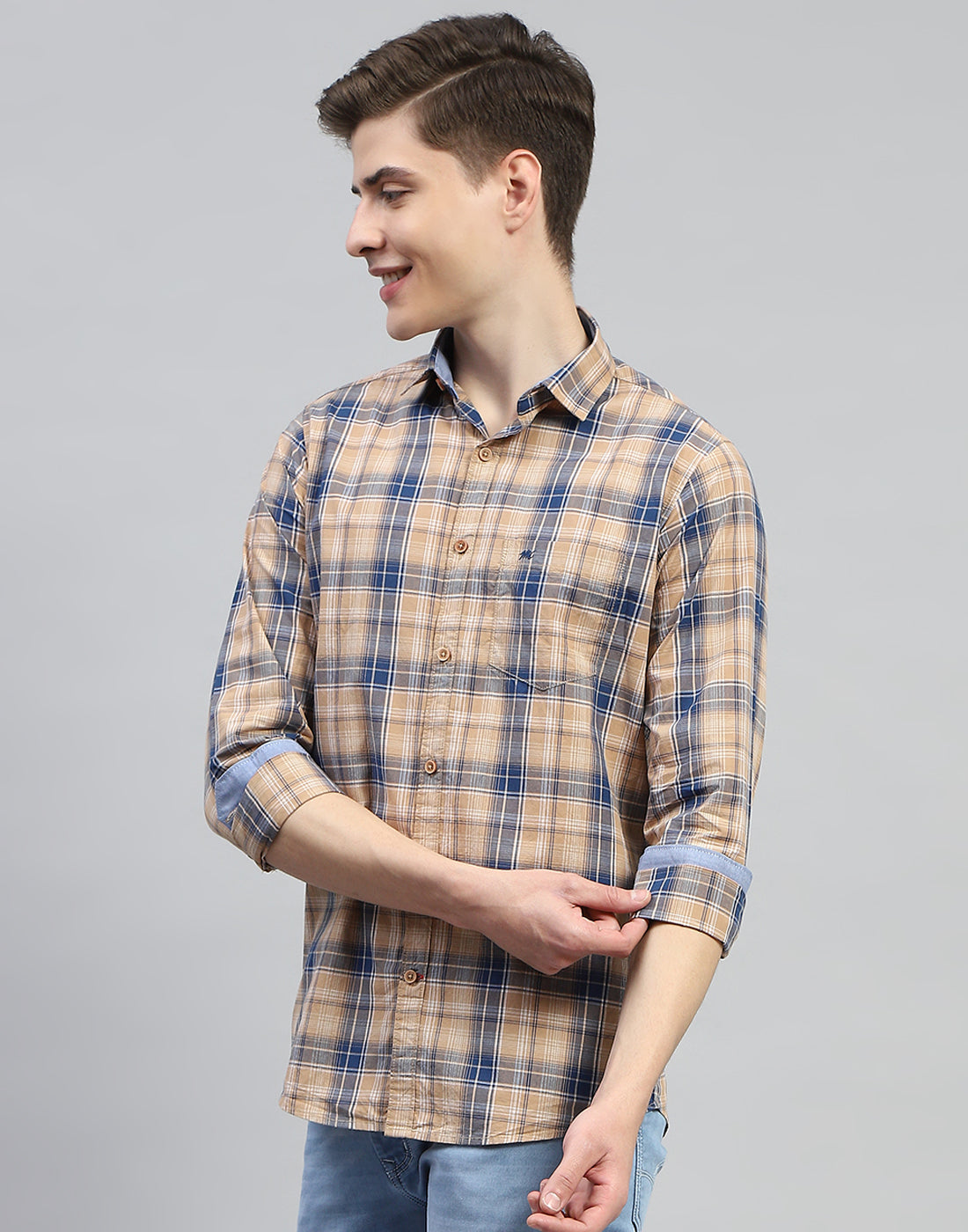 Men Brown Check Collar Full Sleeve Shirt