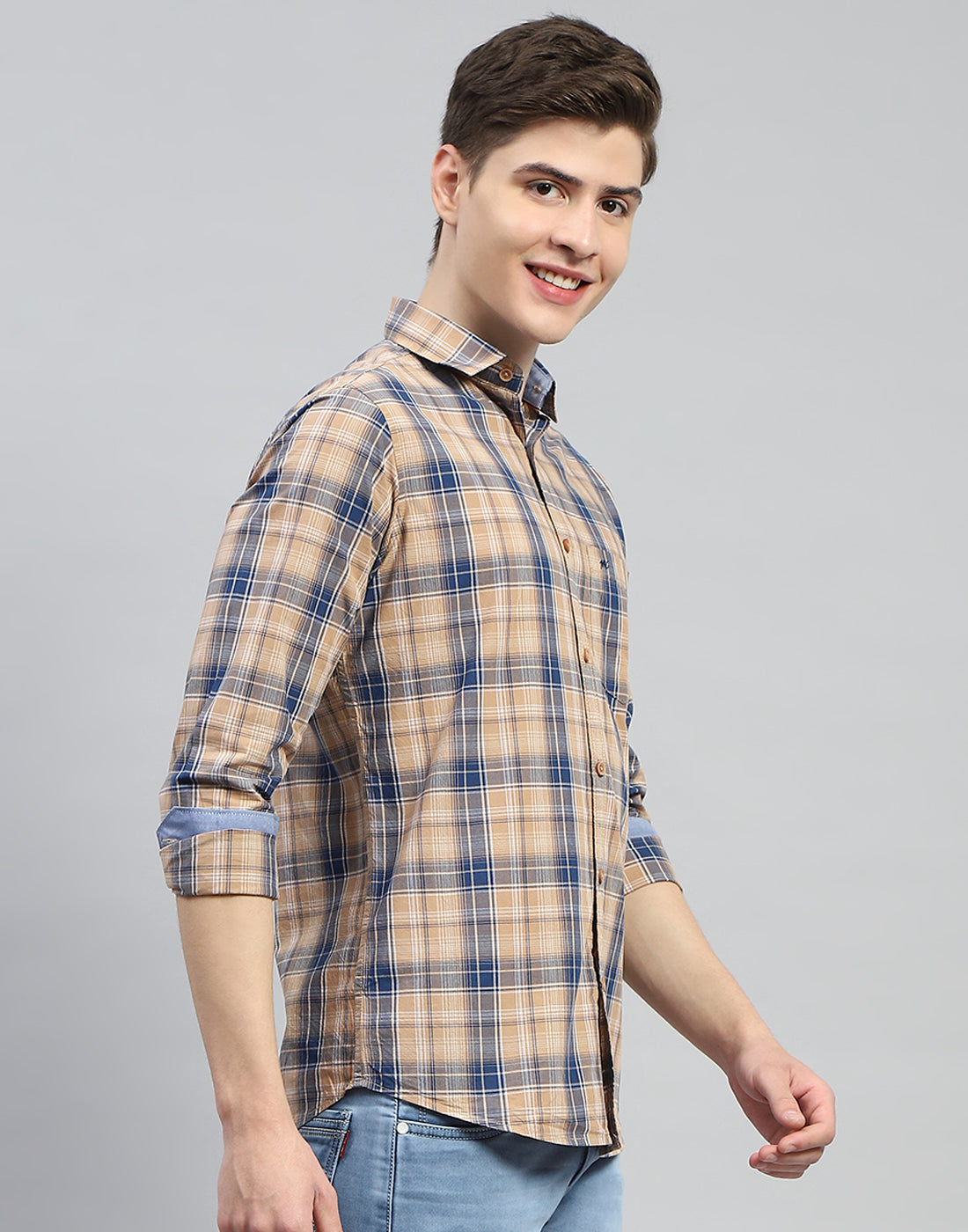 Men Brown Check Collar Full Sleeve Shirt