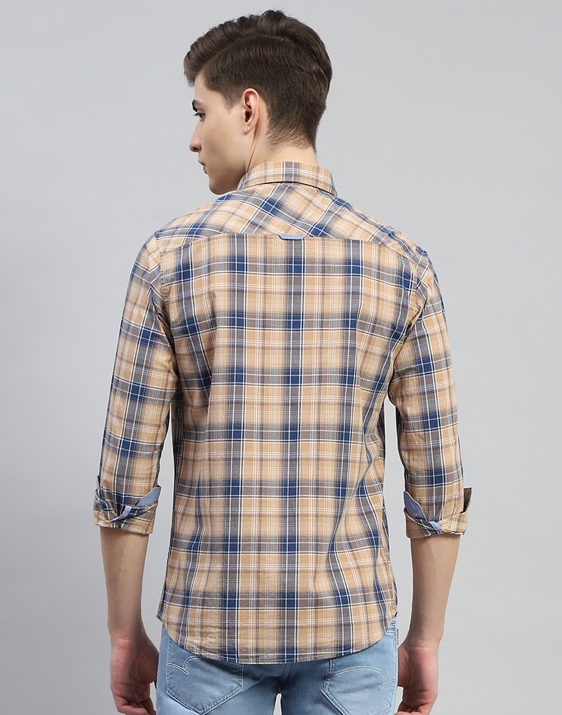 Men Brown Check Collar Full Sleeve Shirt