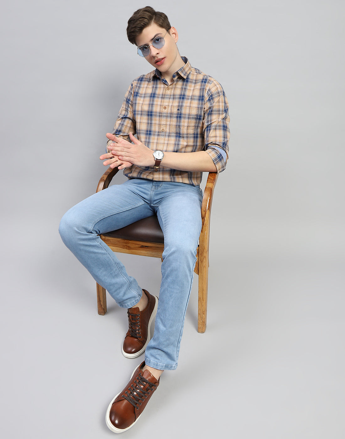 Men Brown Check Collar Full Sleeve Shirt